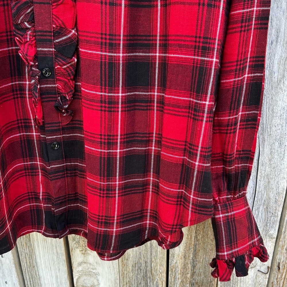 NWT Polo Ralph Lauren Ruffle Plaid Shirt Blouse Viscose Wool Red Black XL - Picture 9 of 16